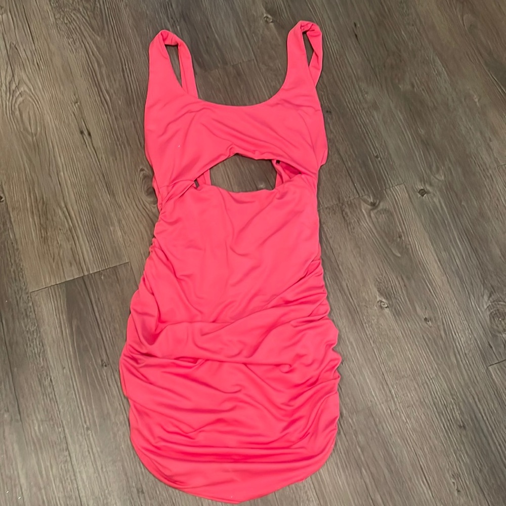 Hot pink ruched cutout mini dress